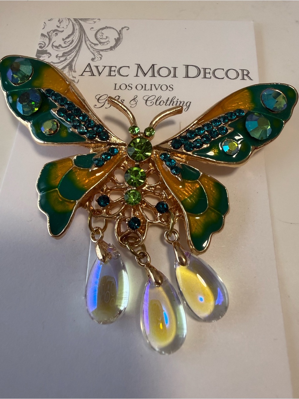 Gold-Tone Butterfly Brooch with Green Enamel and Iridescent Drops - Picture 3 of 3